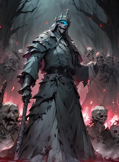 warlock dnds patron, undead king, blue eyes glowing, dark Woods, cold gray colors, Skeleton army in background, Bloodstained dress, blood aura
