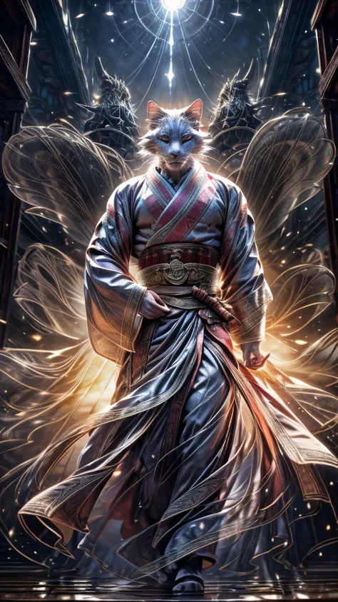 (((8k))), (((High resolution))),((Highest quality)),A white cat wearing a kimono,battle mode, yellow aura swirling around the body,fog,mystic atmosphere,muscle,Bipedal,upright,Short,3 heads,Serious face,samurai,Holding a long sword with both hands,Shrine g...