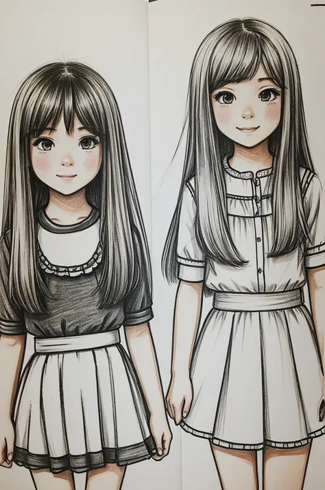 Draw a drawing of two girls with Kawai style, both the same size, one with short and somewhat fluffy hair and the other with straight hair 