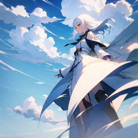 Anime girl, white hair, sky