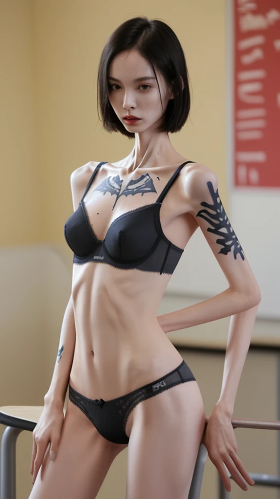 a woman, very thin body, body visible bones, very slender, sweaty weat body, panties, bra,tatto, full body, in a school , 