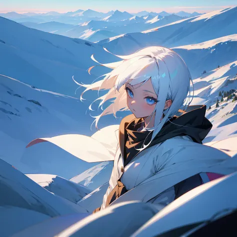 Anime girl, white hair, sky, mountains