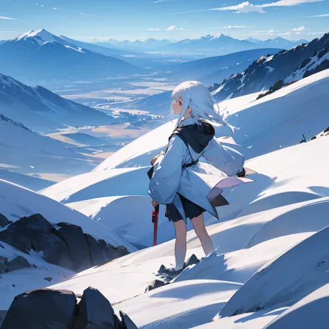 Anime girl, white hair, sky, mountains