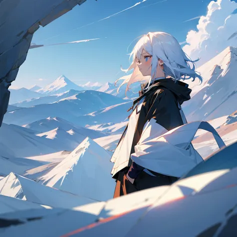 Anime girl, white hair, sky, mountains