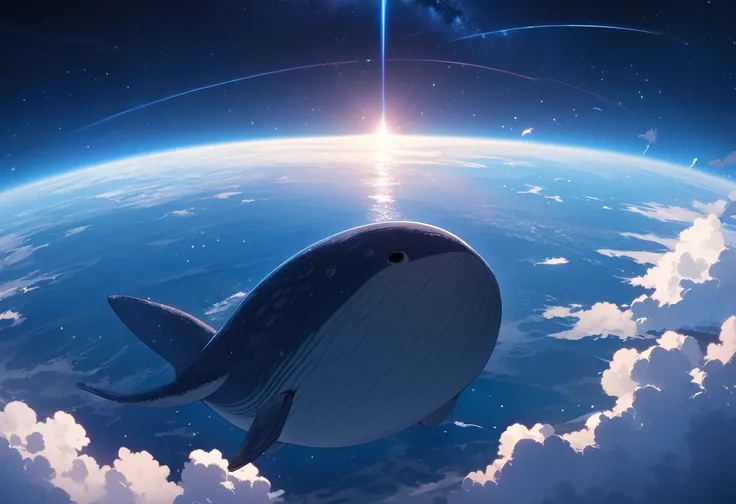 ((Masterpiece, top quality, high resolution)), ((highly detailed CG unified 8K wallpaper)), A huge whale is swimming in space, this whale is flying away from its home planet to a new planet,