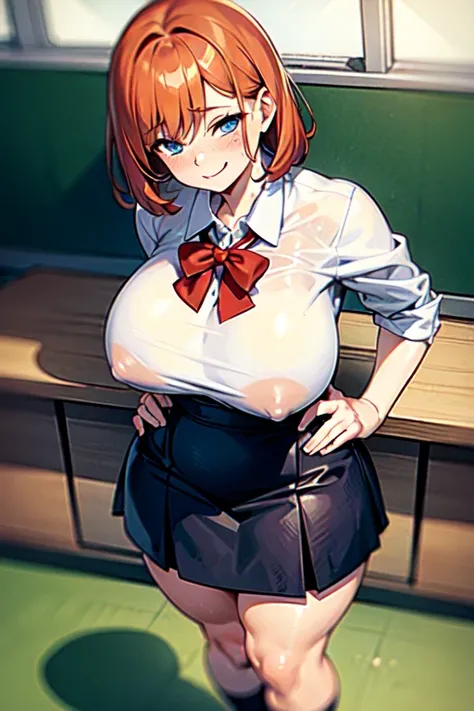 Ginger hair, blue eyes, rounded rear, good breast, thick thighs, wide hips, tall, freckles, at school, classroom scenario, walking, close to viewer, short tomboyish hair, tomboy, messy hair, white scholar shirt, school skirt, school formal shoes, one girl,...