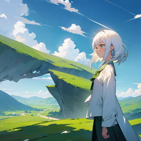 Anime girl, white hair, sky, Green mountains