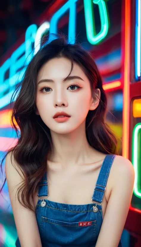 a beautiful girl in dungarees and denim posing in retro neon lights, in the style of zhang jingna, candid celebrity shots, berthe morisot, wavy, sandara tang, intense close-ups, 