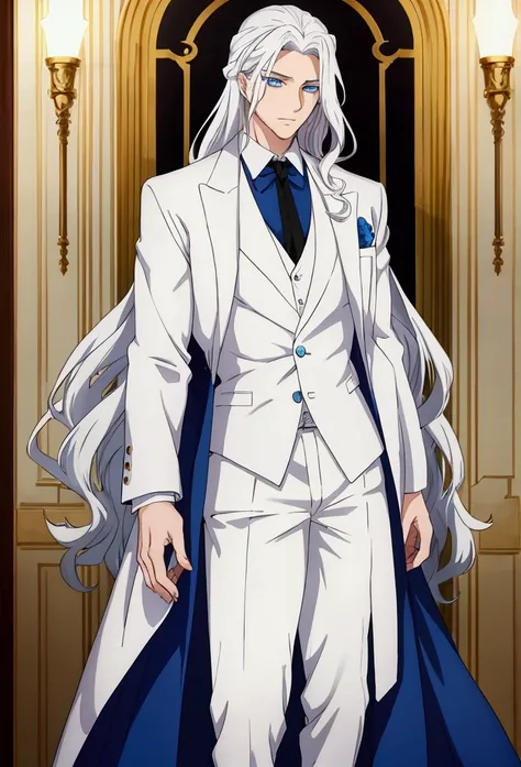 male gender, long wavy white hair, blue eyes, Large and marked body, with formal clothes 