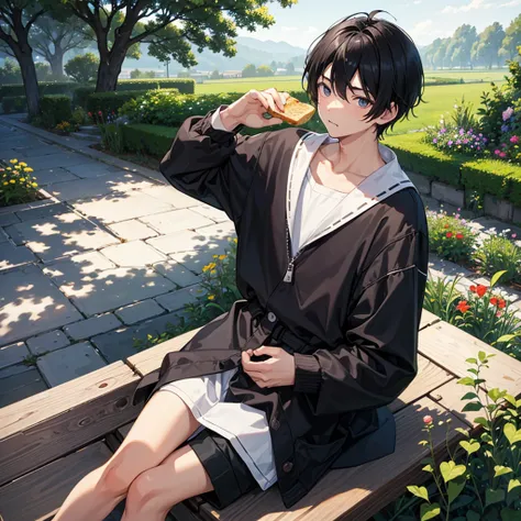 18 year old boy, slim black haired, smooth and very short, going to the back of your neck, typical asian, bowl hair. Big, dark, wide eyes. Your face is full and slightly round. The boy is in a relaxed pose sitting on a bench with a surprised expression. He...