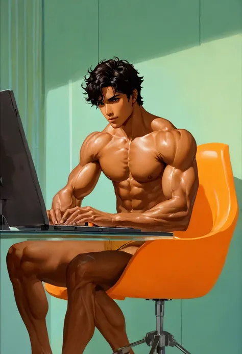 ((1 latino man sitting at a desk typing on an orange laptop in a high-chroma orange art deco office)) by aaron horkey and jeremy...