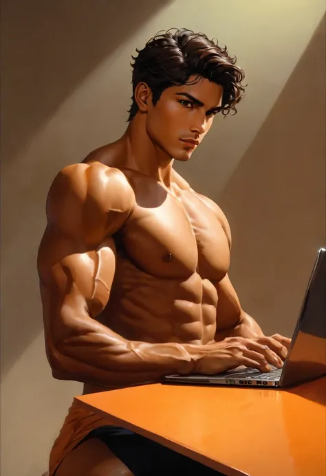 ((1 latino man sitting at a desk typing on an orange laptop in a high-chroma orange art deco office)) by Aaron Horkey and Jeremy Mann, masterpiece, best quality, Photorealistic, ultra-high resolution, photographic light, illustration by MSchiffer, fairytal...