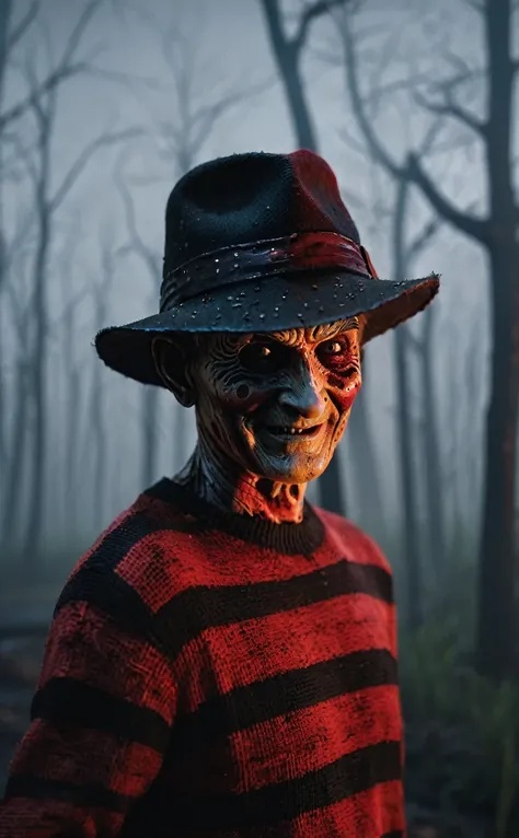 ８ｋ、Dark fantasy、Foggy night city、Ultra HD、Amazing image quality,４ｋ、A Nightmare on Elm Street、Freddy Krueger、Wearing a hat、Burned Skin、Fearless smile,Red and black striped sweater、nails are long,Give the viewer a malicious look, Grabbing Viewer, For the vie...