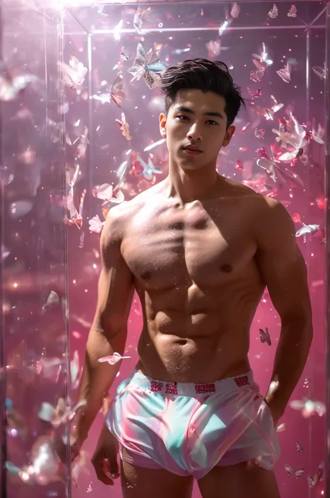 (8k, RAW Photos, Highest quality) masterpiece, 1 teenager, 18-year-old, Asian Muscular Man Watching the Viewer, Stand in front, Exposing his huge muscular chest, Puffy nipples, Sexy Six Pack, Tight waist, good looking, topless, Thick body hair, A man weari...