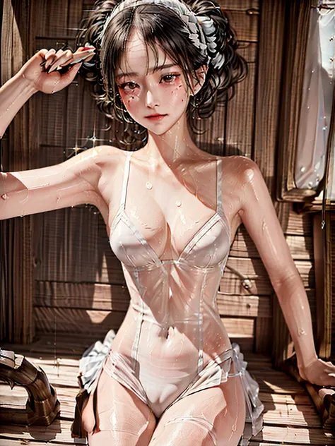 （​masterpiece，Highest Quality），((Swimsuit、dripping sweat、oil skin,sparkling skin、realistic skin texture、detailed beautiful skin、shiny skin、shiny white skin))，(A dark-haired，long twintail)，sleepy expression，Delicate body