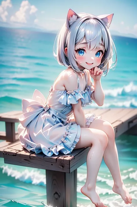 (((best quality)), ((masterpiece)), (details), masterpiece, best quality, high quality, ulutra detailed, perfect face, ((1girl, Blue eyes, cat ears: 1.3 silver bob hair: 2.5,)) 、Shiny Hair、Glowing Skin、blush、Lustful look、Side Angle、Ocean岸、Ocean、evening、Sit...