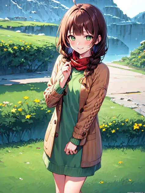 {{{{masterpiece}}}}, {{{hyper detailed}}}, {{{highres}}}, {{good anatomy}}, (((best quality))), ((anime style,anime charater)),(((green eyes,brown hair))),natural landscape ,big perfect eyes,(((winter sweater))), red sweater, hairclip, {8k cg wallpaper}, {...