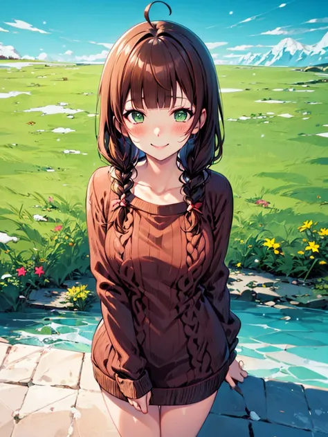 {{{{masterpiece}}}}, {{{hyper detailed}}}, {{{highres}}}, {{good anatomy}}, (((best quality))), ((anime style,anime charater)),(((green eyes,brown hair))),natural landscape ,big perfect eyes,(((winter sweater))), red sweater, hairclip, {8k cg wallpaper}, {...