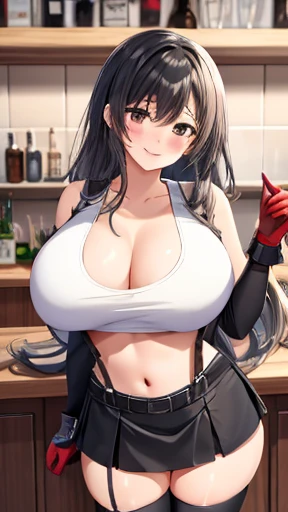 Highest quality, One girl, alone, View your viewers, blush, Captivating smile, White tank top, Black Skirt, Suspender skirt, abdomen, Black knee socks, Red gloves, good, zettai ryouiki, I had already finished, Tilt your head, bar counter,Large Breasts