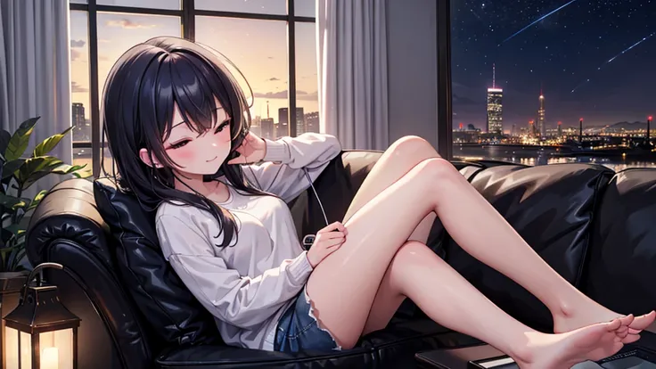 (Masterpiece), (best quality), 1 woman, sitting on the sofa, Listen to music, Close your eyes, smile, earphones, in front of the window, city, nighttime, warm and comfortable, relax