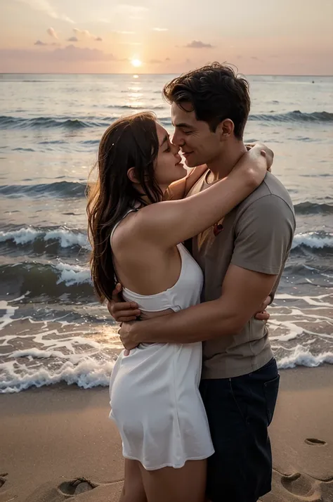 Illustration of Couple man and woman giving each other love and hugs on a beach at sunset
