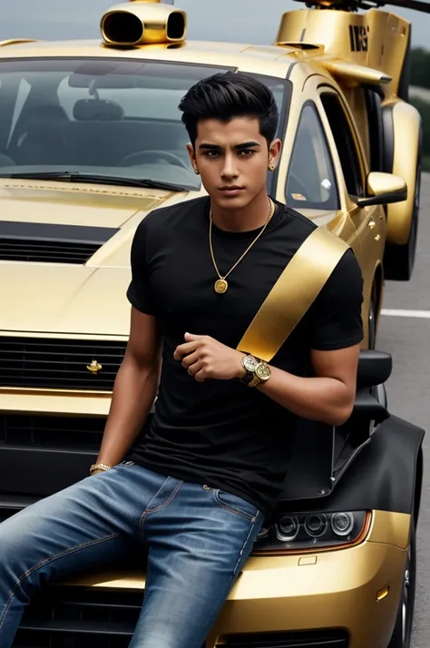 A 16 years boy with black t-shirt and jeans golden watch with golden car with a helicopter 