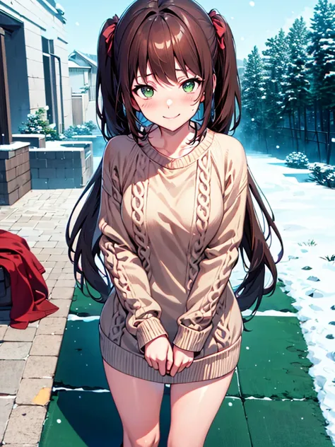 {{{{masterpiece}}}}, {{{hyper detailed}}}, {{{highres}}}, {{good anatomy}}, (((best quality))), ((anime style,anime charater)),(((green eyes,brown hair))),natural landscape ,big perfect eyes,(((winter sweater))), (((red sweater))), hairclip, {8k cg wallpap...