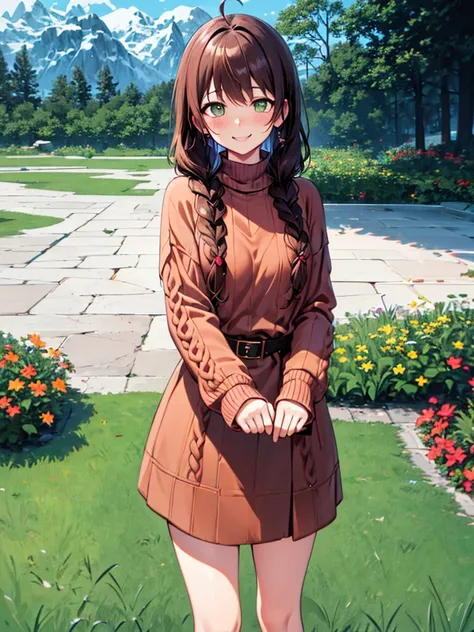 {{{{masterpiece}}}}, {{{hyper detailed}}}, {{{highres}}}, {{good anatomy}}, (((best quality))), ((anime style,anime charater)),(((green eyes,brown hair))),natural landscape ,big perfect eyes,(((winter sweater))), (((red sweater))), hairclip, {8k cg wallpap...