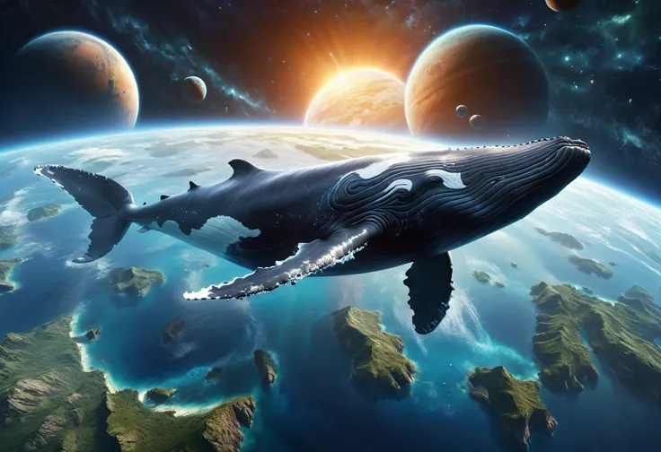 ((Masterpiece, top quality, high resolution)), ((highly detailed CG unified 8K wallpaper)), A huge whale is swimming in space, this whale is flying away from its home planet to a new planet,