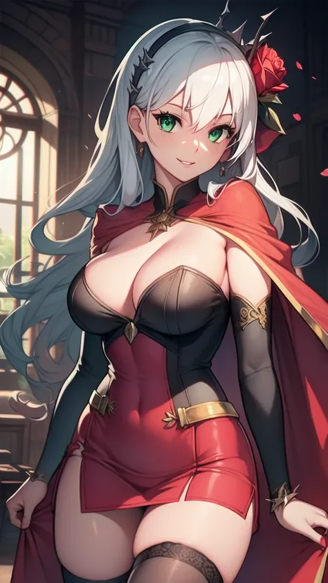 masterpiece, best quality, solo girl, silver hair, green eyes, long hair, medium breasts, sexy body and face, wavy hair, smile, parted lips, red lips, ribbon, crown of thorns, thorns, (red cape, dress flower), detached sleeves, hair flower, hair ornament, ...