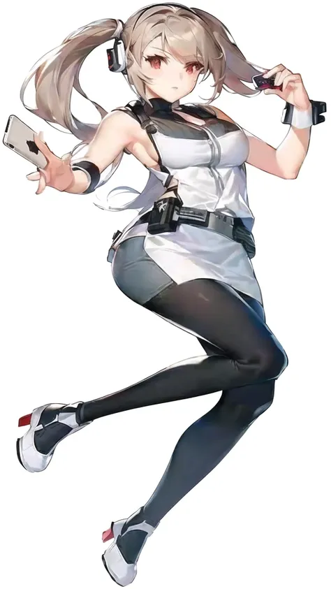 anime girl with a gun and a cell phone in her hand, tifa lockhart with white hair, official character art, anya from spy x family, from girls frontline, cushart krenz key art feminine, render of april, characters from azur lane, azur lane style, full body ...