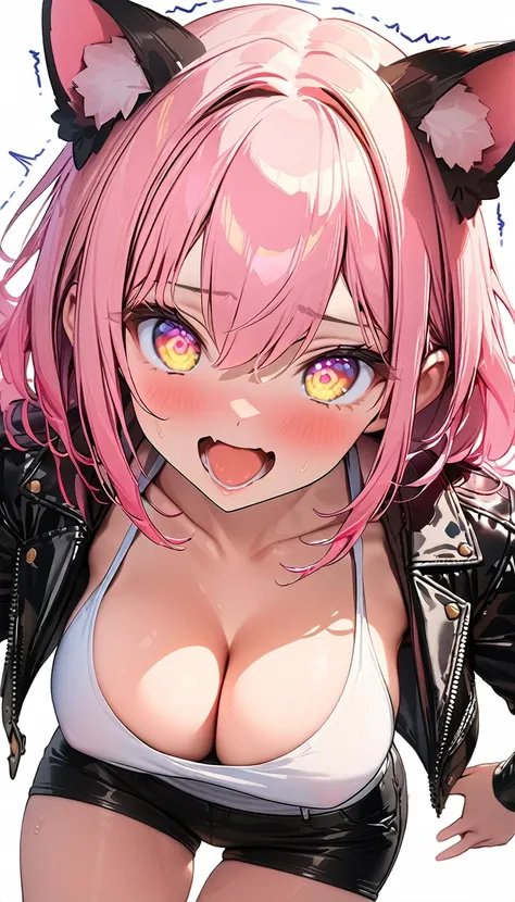 (Best quality, 8k, 32k, Masterpiece, UHD,:1.2),RAW, 1girl,ultra cute , natural lighting,transparent shining eyes, 20yo ,fair complexion, (vulgarity:0.8), (fucked silly:0.8),,(trembling:1.3)),((leather jacket, short pants,)),,White Background, large breast,...