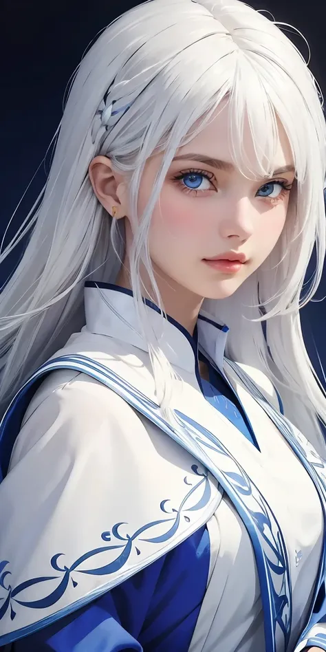 best quality, masterpiece,white hair, blue eyes, upper body,gorgeous background,1girl, flowing hair