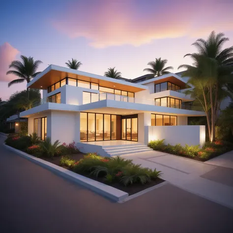 Ultra-realistic 8k, hd image quality, sharp detail, (RESORT :1.2) , HOTEL, main materials: white walls, wooden ceiling accents, large glass windows, roads, cars, sidewalks, American Palm trees high, has a small alley, located in a residential area, modern ...