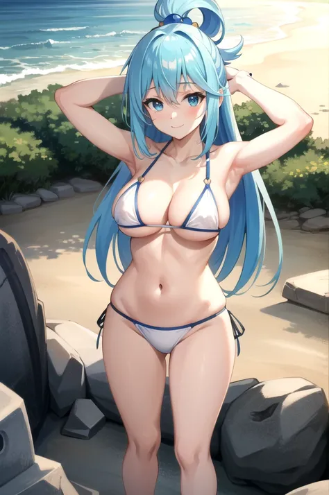 tall body, tall, long legs, mature female, mature, adult, EFT_Konsuba_Aqua, 1girl, aqua (konosuba), solo, long hair, smile, blue eyes, anime coloring, blue hair, hair rings, hair ornament, hair between eyes, 1girl, solo, breasts, looking_at_viewer, smile, ...