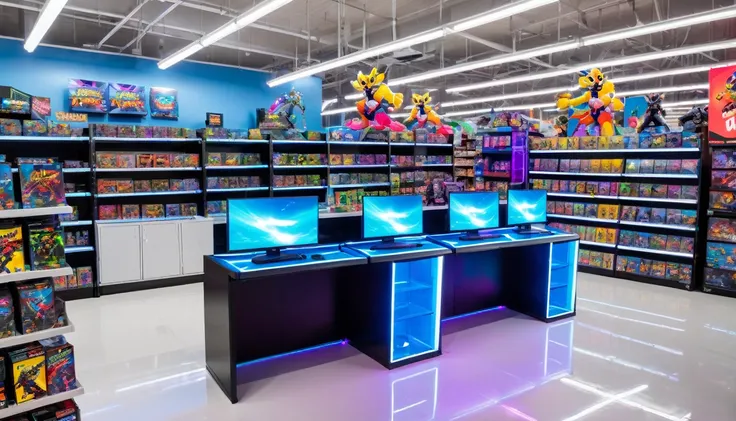 online game store, video game aisle, action figure aisle, bright neon lights, computer station in front with LED gaming mouse