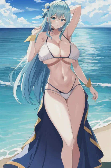 tall body, tall, long legs, mature female, mature, adult, EFT_Konsuba_Aqua, 1girl, aqua (konosuba), solo, long hair, smile, blue eyes, anime coloring, blue hair, hair rings, hair ornament, hair between eyes, 1girl, solo, breasts, looking_at_viewer, smile, ...