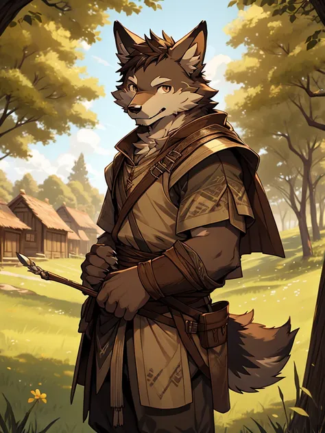 (very detailed illustration: 1.2), best quality, masterpiece, solo, natural lighting, An young anthro wolf with dark brown fur, he has brown eyes and dark brown hair, he has fur on his hands and they have claws., he is dressed in archer clothing from the m...