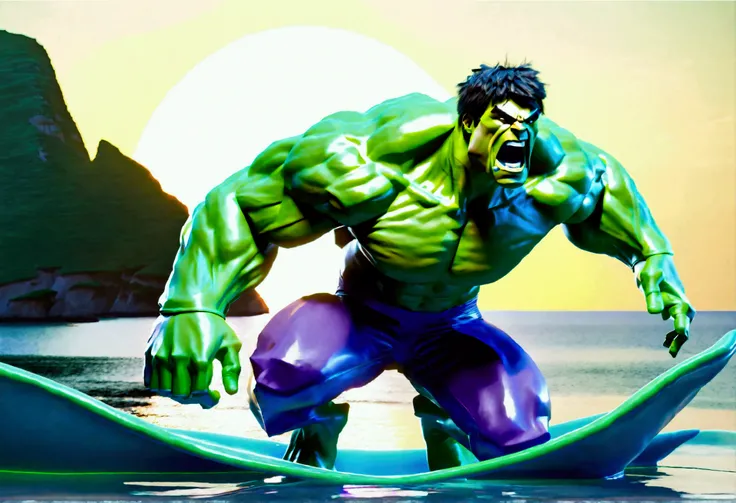 A muscular green humanoid figure, The Incredible Hulk, standing on a beach, has just thrown a massive whale back towards the ocean, the whale mid-air with huge eyes and an open shocked mouth, comical scene, (best quality,4k,8k,highres,masterpiece:1.2),ultr...