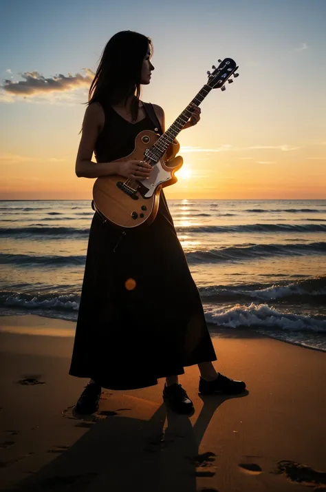 A person playing a silent Yamaha guitar at a sunset.