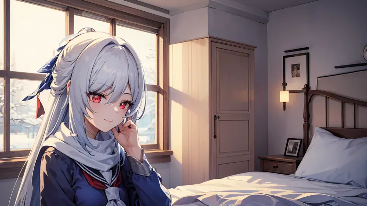 masterpiece, best quality, JingliuV5, white hair, long hair, red eyes, white dress, white sailor collar, white scarf, sitting on bed, indoors, bedroom, windows, blue sky, winter, snow, warm smile, upper body. closed mouth,