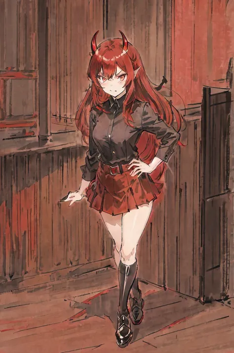 A little devil with long red hair and brown eyes, wearing a short skirt, leather shoes and black stockings, looks at you with a look of disgust.