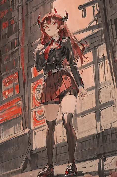 A little devil with long red hair and brown eyes, wearing a short skirt, leather shoes and black stockings, looks at you with a look of disgust.