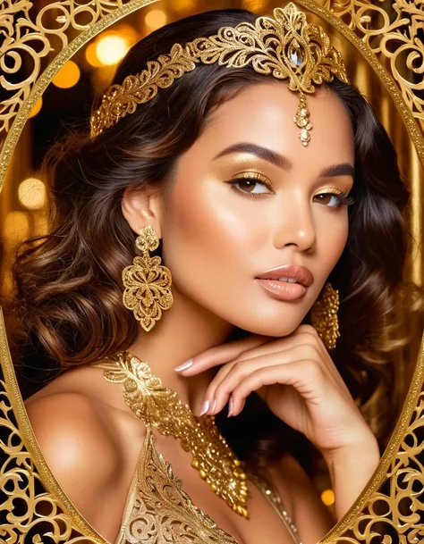 A glamorous woman with a sultry look and a touch of sparkle on her cheek, surrounded by ornate golden filigree designs. 