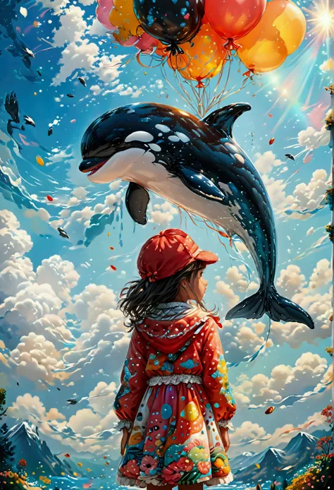 a digital paining of  balloon in the shape of killer whale being held by cute kindergarten girl, High Contrast, (masterpiece:1.5), highest quality, Best aesthetics), 16K fantasy art, best details, best quality, highres, (ultra wide angle: 1.2), 16k, [ultra...