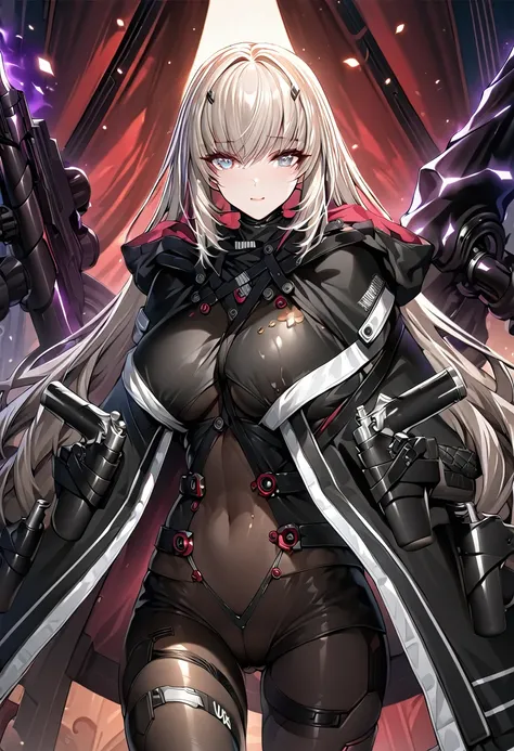 absurdres, by famous artist, exquisite, cowboy shot, hood, jacket, body suit, black clothes, black wear, weapon, purple eyes, perfect eyes,ultra detailed beautiful face, masterpiece, super fine illustration, ultra high res, masterwork, best quality, cg uni...