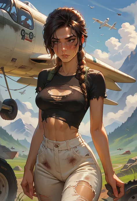 Lara Croft, average breasts, detailing face, detailing body, black torn shirt, white torn pants, bruises on the body, dirtu skin, the wound on the lip, lost, detailing face, The plane crash, mountainous area, In the mountains