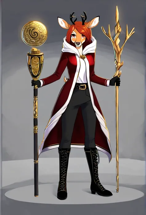 Solo female, furry, deer, right eye blue, left eye red eyes, auburn hair, deer long trophies, white hooded cloak, dark red tunic jacket with a white stripe on the front, a belt on the tunic, black trousers, black boots witha buckle underneath ,On her cloak...