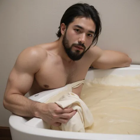 ((best quality)), ((masterpiece)), (detailed), perfect big detailed hairy plump muscle man in bath , beard, dark skin color, skinhead, Japanese men, 