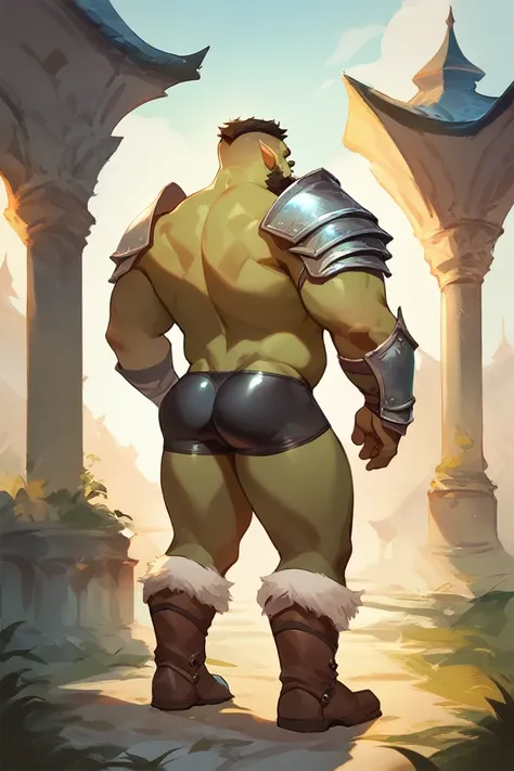 score_9, score_8_up, score_7_up, solo, male focus, chubby male, orc, green skin, tusks, beard, outdoors, micro armor , shoulder armor, breastplate, day, boots , (( black micro tight shorts )) , full body , rounded ass , backside , back side